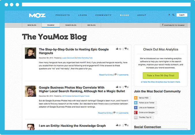 YouMoz es un blog de MOZ pensado para los mejores posts de su comunidad. Una forma excelente de darte a conocer y obtener algún link de calidad.